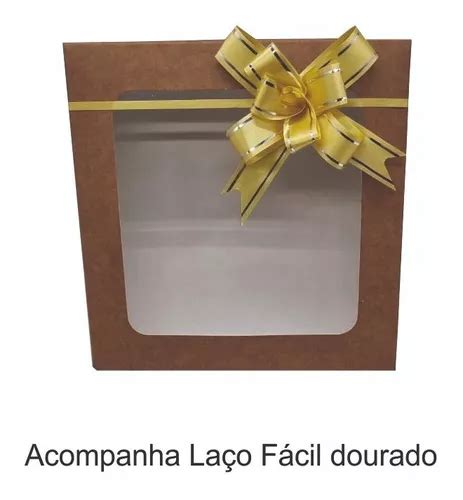 Caixa Papel Visor 15x15x4 Kraft 10un Laço Fácil Dourado