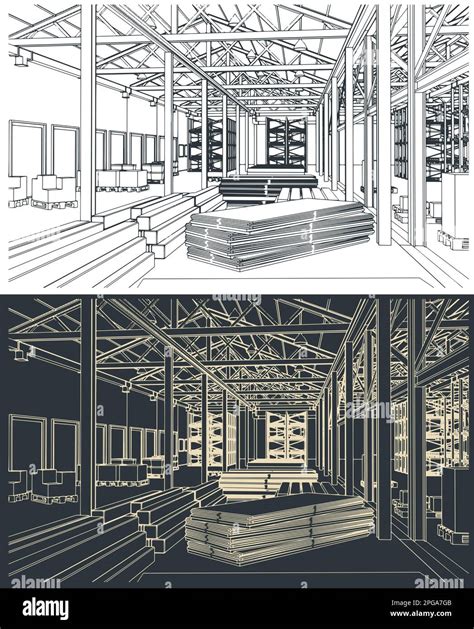 Stylized Vector Illustration Of A Large Warehouse With Boxes Shelves