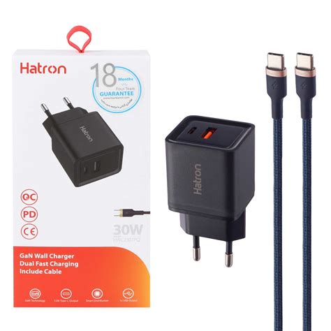 شارژر دیواری 30W فست و PD دو پورت Hatron مدل HWC2301PQ به همراه کابل