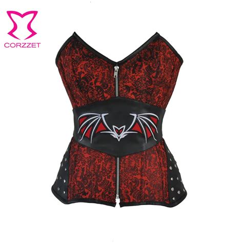 Steampunk Redandblack Jacquard Bat Pattern Overbust Corset Bustier Top Sexy Steel Boned Corselet