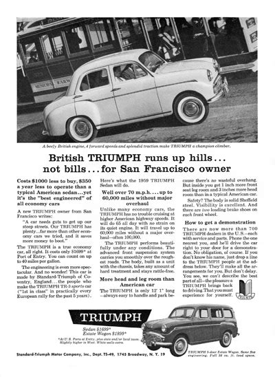 1959 Triumph Sedan Ad British Triumph Runs Up Hillsnot Bills