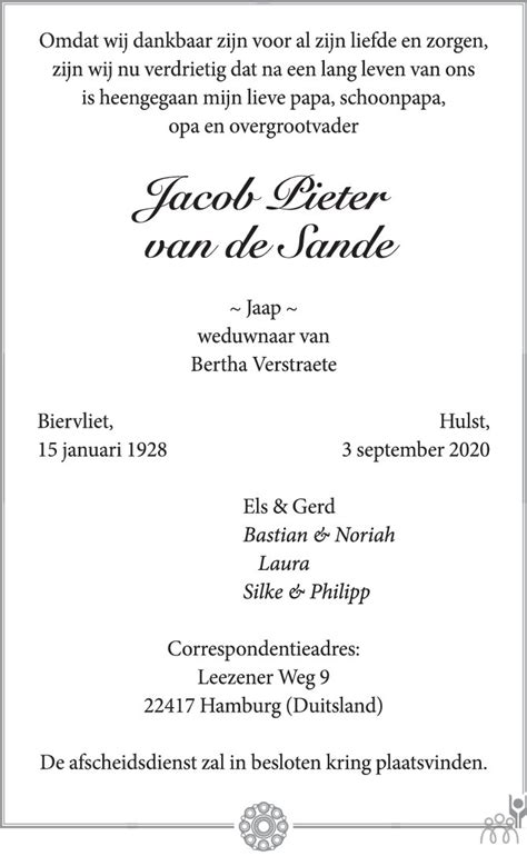 Jacob Pieter Van De Sande 03 09 2020 Overlijdensbericht En Condoleances