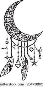 Handdrawn Moon Mandala Dreamcatcher Feathers Ethnic Stock Vector