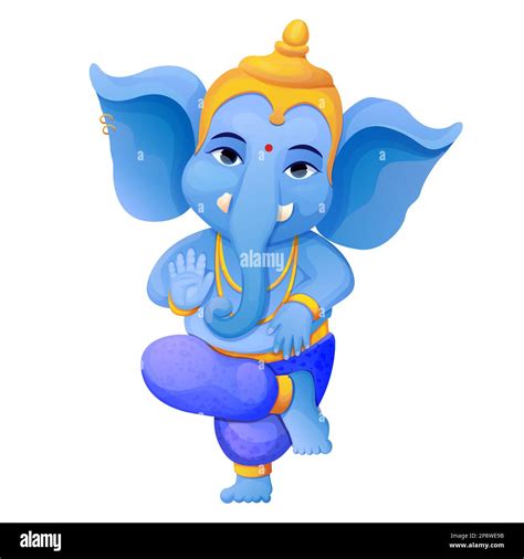 Little Cute Ganesh Religious Traditional God Elephant Blue Color In Cartoon Character Isolated