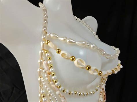 Long Pearl Chain Necklace Bra Sexy Women Beaded Shell Lingerie Goddess Style Versatile