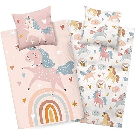 Aminata Kids Bettwäsche 135x200 Kinder Mädchen Baumwolle Einhorn beige