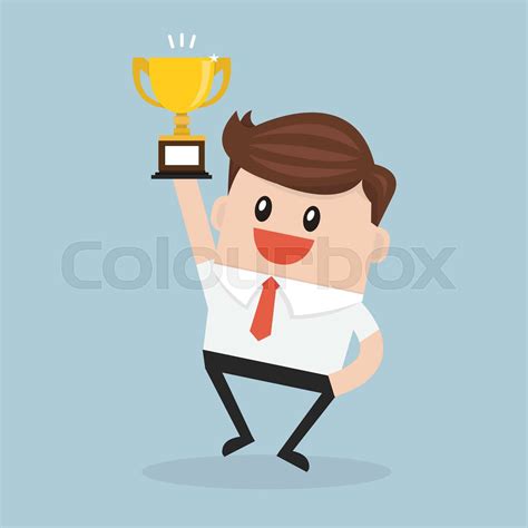 Businessman Holding Winning Trophy Flat Design Vector Stock Vector