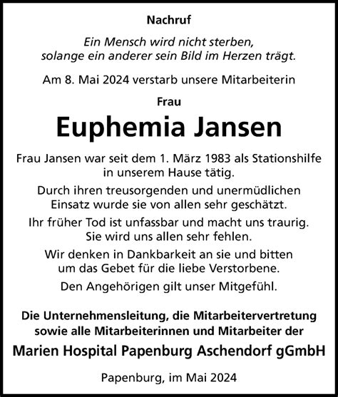 Traueranzeigen Von Euphemia Jansen Noz Trauerportal