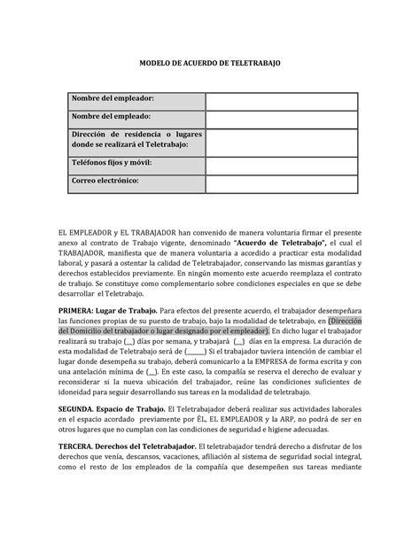 Modelo Contrato De Teletrabajo Sector Privado 1 Modelo De Acuerdo De