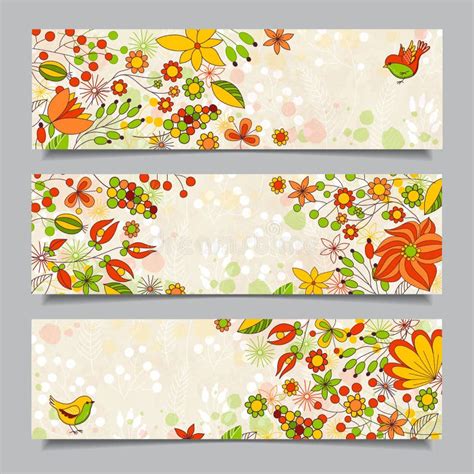 Set Of Three Horizontal Banners With Floral Pattern Stock Vector