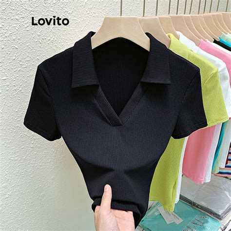 Lovito Casual Camiseta Feminina Lisa De Manga Curta Polo Gola V