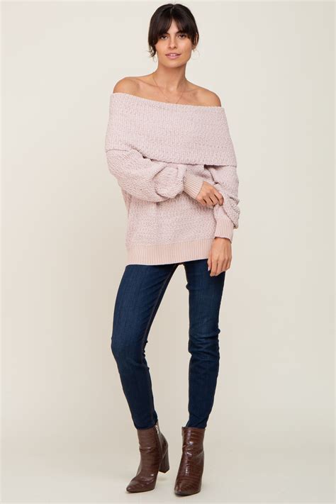 Beige Foldover Off Shoulder Sweater Pinkblush