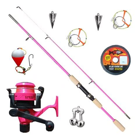 Kit Combo Equipo Pesca Rosa Caña Reel Lineas Completo