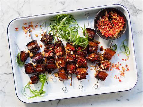 Sticky Kecap Manis Pork Belly Skewers With Peanuts And Chilli