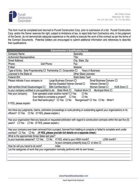 Fillable Online Subcontractors Qualification Form Purcell