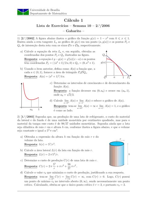 Exercícios Com Gabarito Cálculo 1 Assuntolimites No Infinitomáximos E Mínimos Docsity