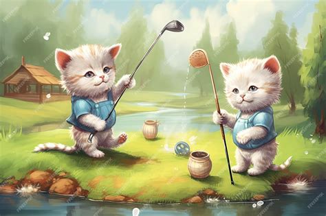 Premium Photo Kittens Cats Playing Golf Illustration Generative Ai