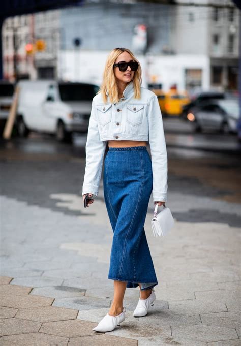 A Cropped Jean Jacket And Denim Maxi Skirt With Optic White Cool Denim On Denim Street Style