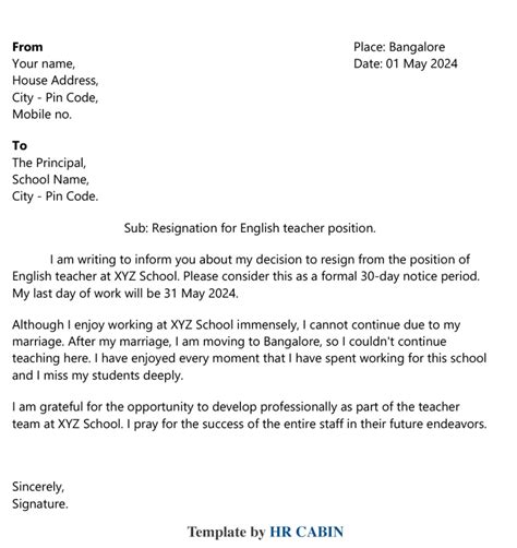 Teacher Resignation Letter To Principal For Personal Reasons