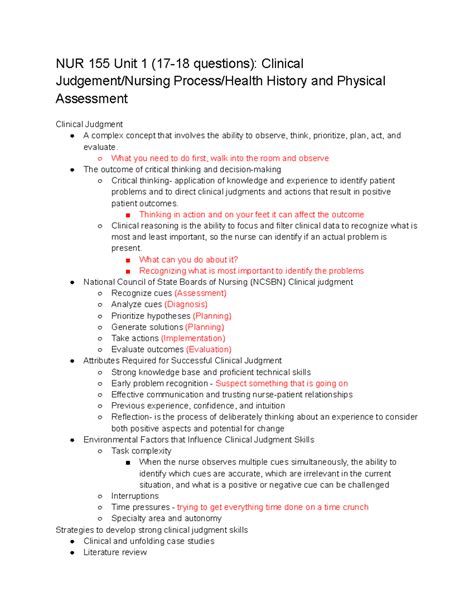 NUR 155 Exam 1 NUR 155 Unit 1 17 18 Questions Clinical Judgement