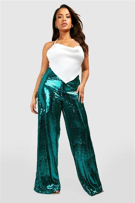 Womens Green Plus Sequin Wide Leg Trousers Boohoo Uk