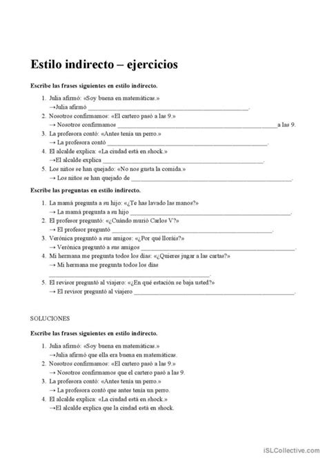 Estilo Indirecto Ejercicios Pr Ctica Espa Ol Ele Hojas De Trabajo Pdf