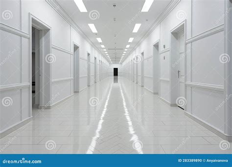 A Long Hallway With White Walls And Flooring Generative Ai Image