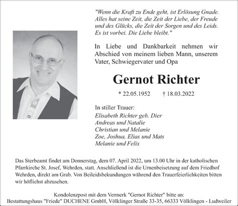 Traueranzeigen Von Gernot Richter Saarbruecker Zeitung Trauer De