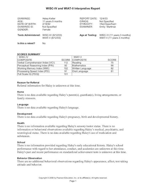 Pdf Wisc Iv And Wiat Ii Interpretive Reportimages Pearsonclinical