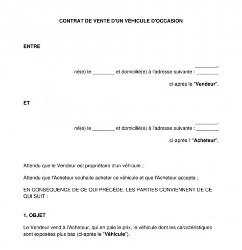 Contrat De Vente D Un V Hicule D Occasion Mod Le