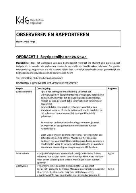 Begrippenlijst Observeren En Rapporteren Observeren En