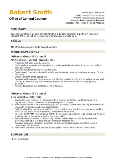 Office Of General Counsel Resume Samples Qwikresume