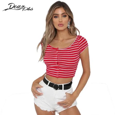 Women Sexy Short Sleeve Striped Crop Top O Neck Fashion Fitness T Shirt