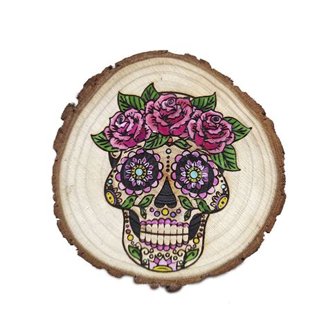 Rodaja De Madera Con Dibujo En Color De Calavera Mexicana Comeluz Artista