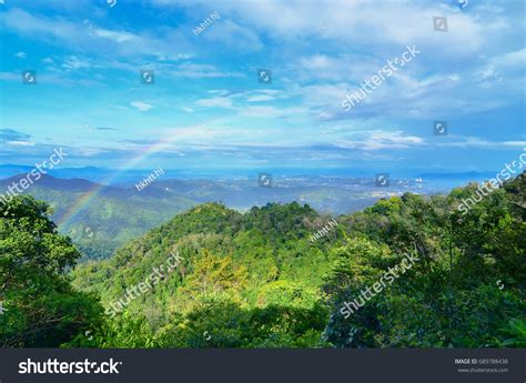 Borneo Jungle Mountains Landscape View Rainbow Stock Photo