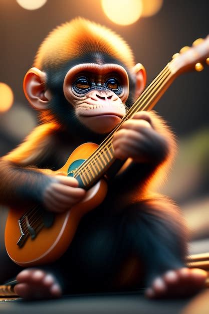 Un Mono Tocando Una Guitarra Con Un Fondo Azul Foto Gratis