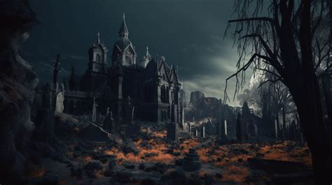 Cemetery Dark With A Large Gothic Castle And Some Statues Backgrounds ...