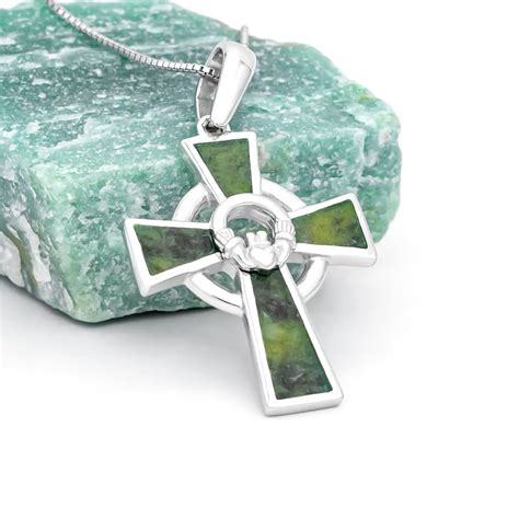 Connemara Marble Claddagh Cross Pendant In Sterling Silver Irish