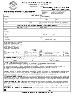 Fillable Online Villageofnewhaven Plumbing Permit Application Village