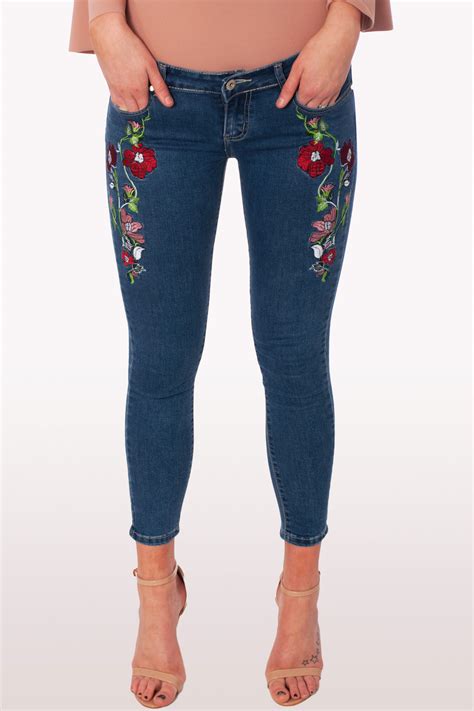 Dark Blue Floral Skinny Jeans Clothing Modamore