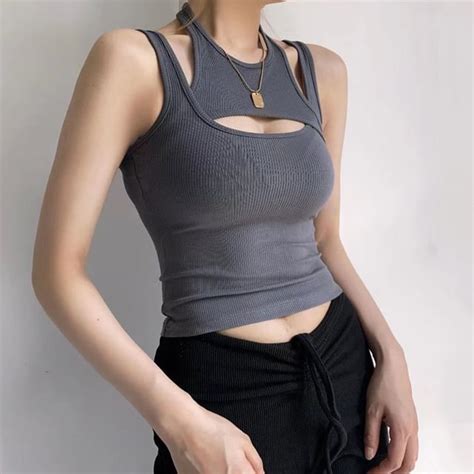 Hollahop Mock Two Piece Asymmetrical Cutout Tank Top Yesstyle