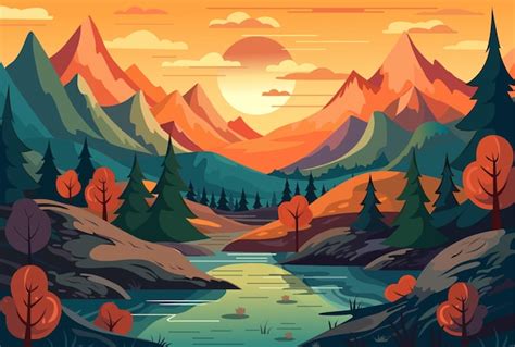 Uma ilustração colorida de uma paisagem montanhosa um lago e