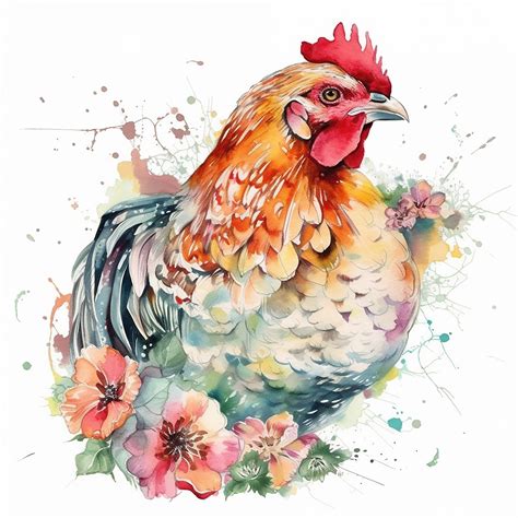 Chicken And Flowers Water Color Painting 12 High Quality Etsy