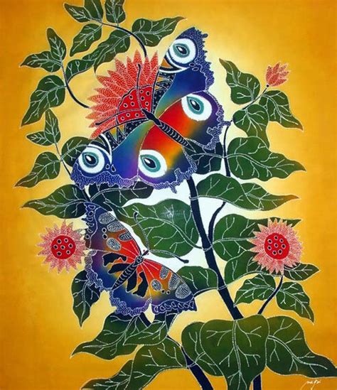 Butterflies And Sunflower Batik Painting Art Wall Hanging Indonesian