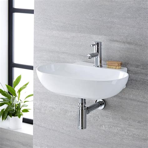 Milano Overton White Modern Round Wall Hung Basin 555mm X 395mm 1