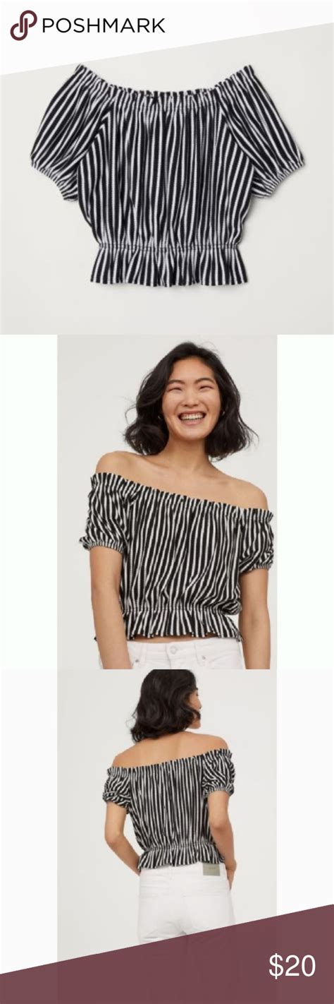 H M Black White Stripe Off The Shoulder Top Black White Stripes Tops