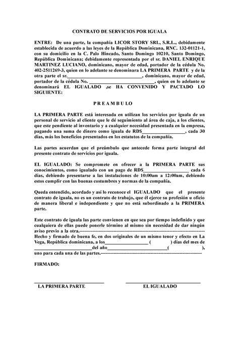 Modelo De Contrato Contrato De Servicios Por Iguala Entre De Una