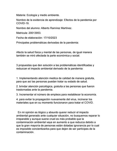 Ramirez Ecologia Materia Ecología Y Medio Ambiente Nombre De La Evidencia De Aprendizaje