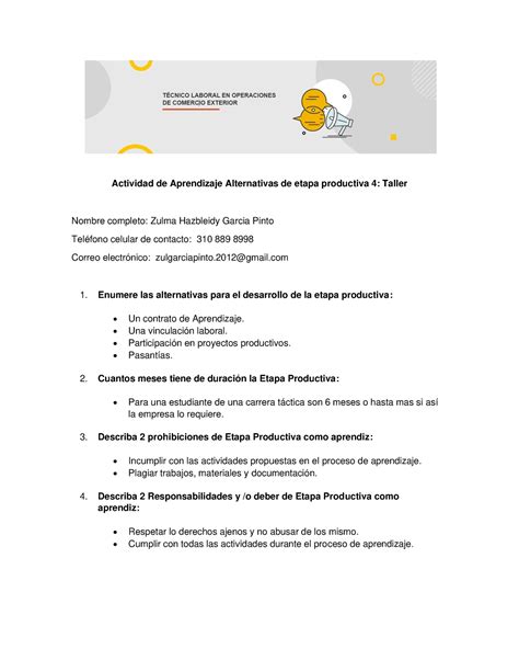 Actividades Plan Productivo Actividad De Aprendizaje Alternativas De Etapa Productiva 4