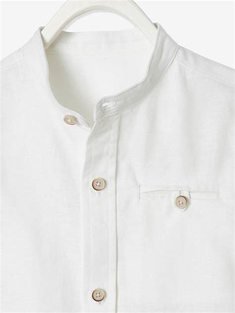 Chemise Col Mao Garçon En Coton Lin Manches Courtes Blanc Vertbaudet